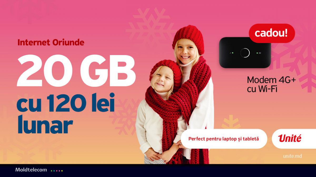 Alege Internet Oriunde de la Unite şi ai 20 GB la doar 120 lei lunar şi modem 4G cu WiFi, cadou la conectare