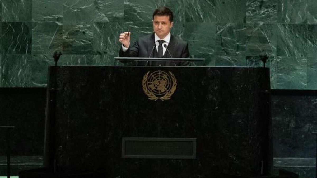 Cu un glonte în mână, Zelenski a vorbit de la tribuna Adunării Generale a ONU despre războiul din Donbas