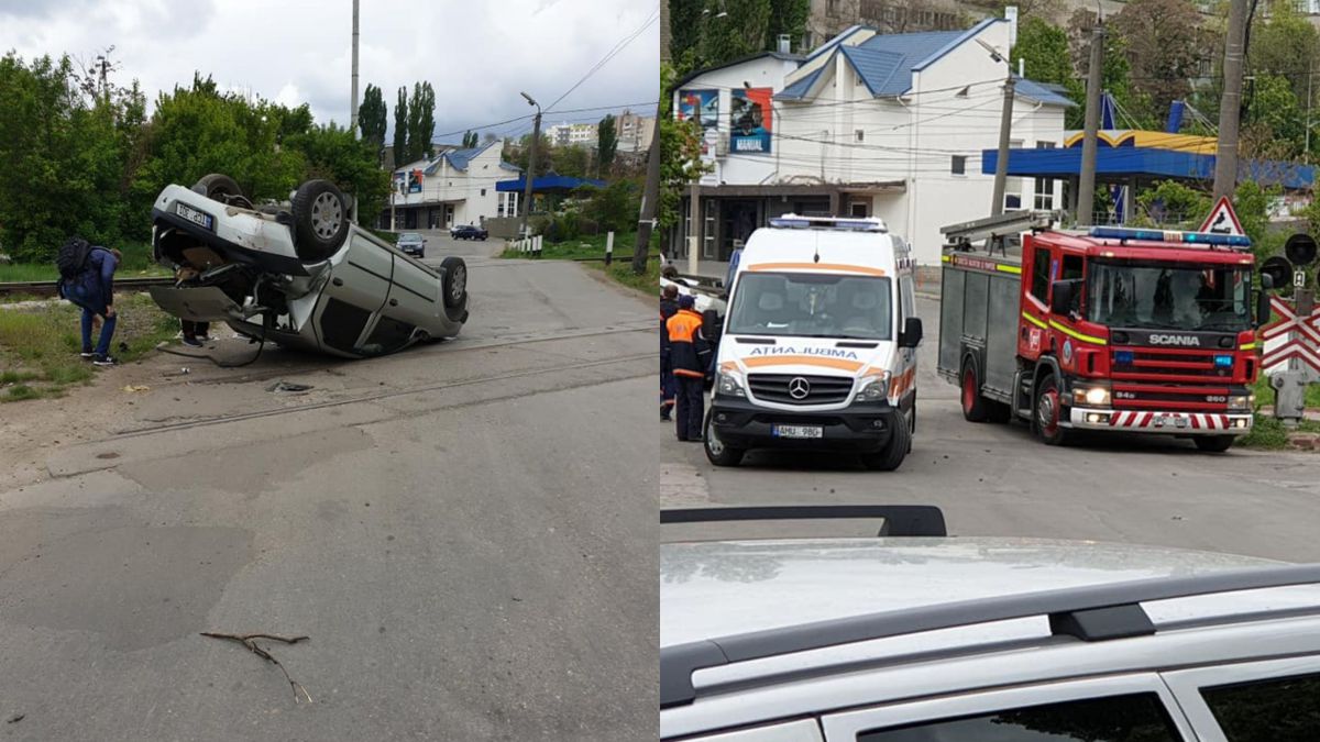 O mașină a fost lovită de tren în Chișinău: Salvatorii, la fața locului (VIDEO)