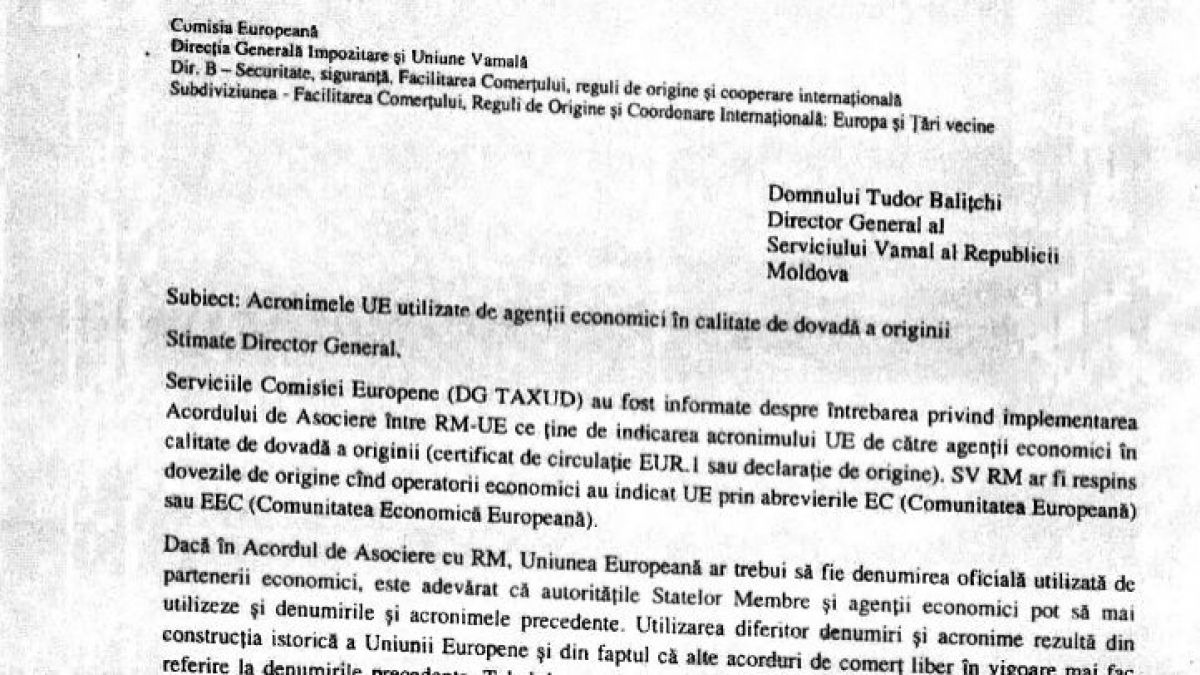DOC. Scrisoarea care confirmă că vameșii moldoveni au respins certificate EUR1 cu acronimele UE sau EC