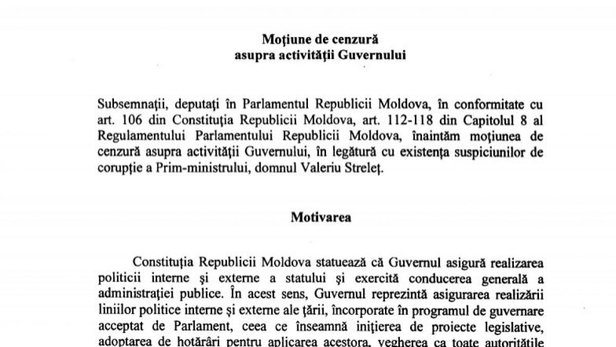 DOC. Textul moțiunii de cenzură contra Guvernului Streleț, înaintată de PCRM și PSRM