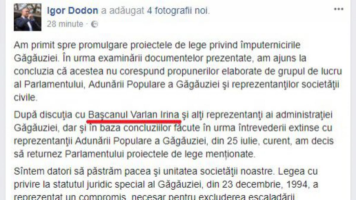 FOTO. Avem un nou bașcan? Vezi cum a scris Igor Dodon numele Irinei Vlah pe Facebook