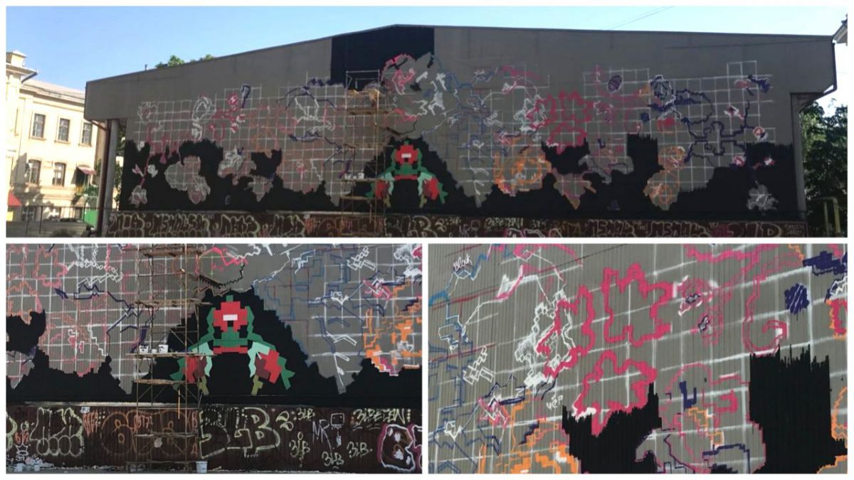 FOTO. Un „covor” imens va decora peretele unei clădiri din centrul Capitalei. Muraliștii au început deja să-l picteze