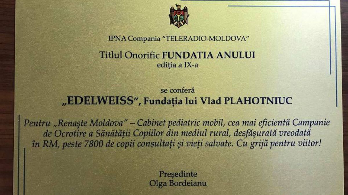 Fundația lui Vlad Plahotniuc a fost premiată cu titlu onorific de Teleradio-Moldova