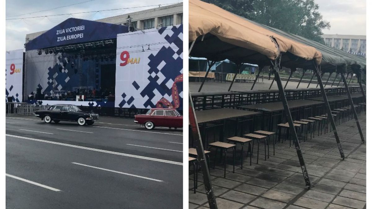 GALERIE FOTO. Pregătirile pentru 9 mai sunt în toi: Democrații au pregătit două scene și o „cantină” improvizată în scuarul Catedralei
