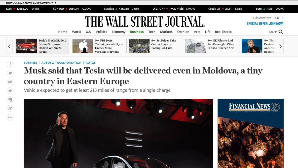 The Wall Street Journal anunță că Tesla va ajunge în curând oficial în Republica Moldova