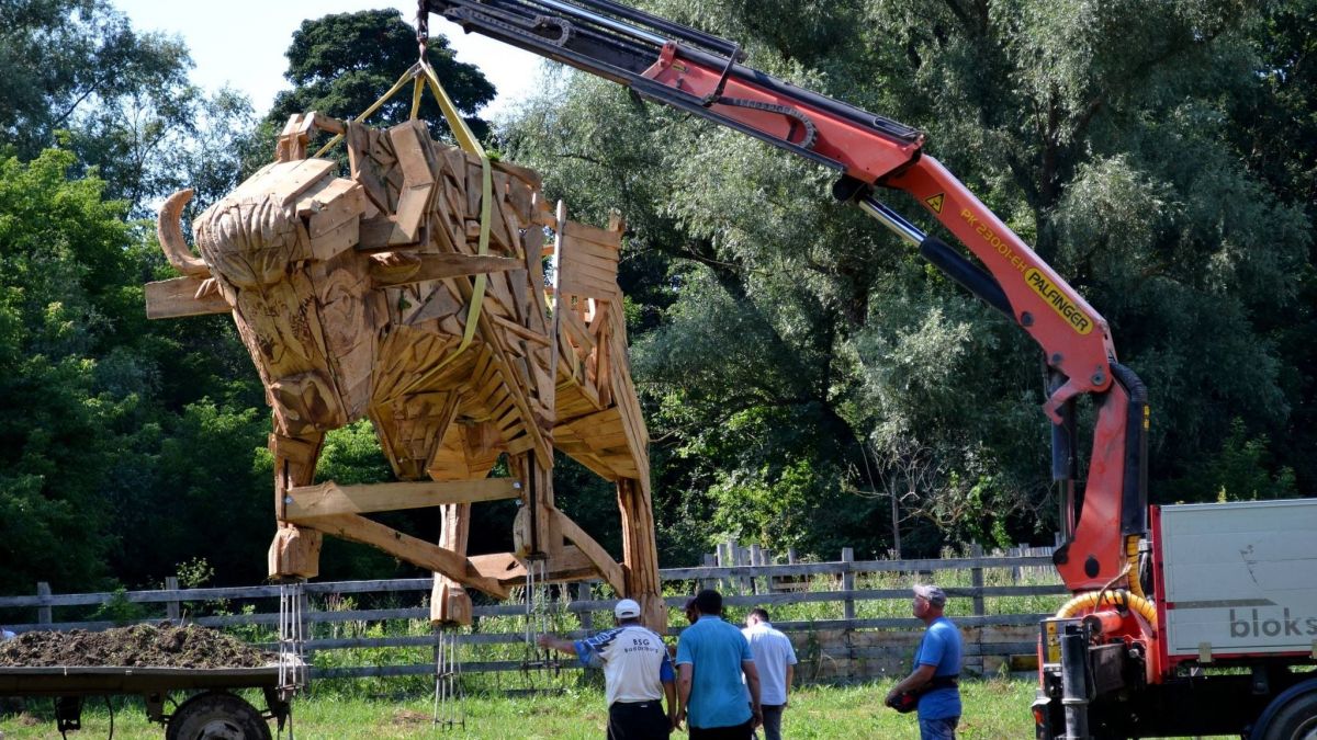 Un zimbru uriaș din lemn a fost instalat pe teritoriul rezervației naturale „Pădurea Domnească” (FOTO)