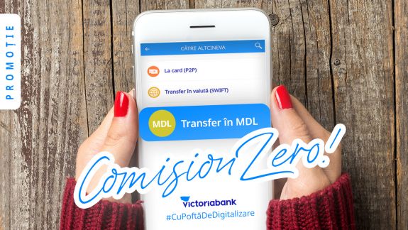 Promoție de la Victoriabank. Aveți zero lei comision la efectuarea transferurilor online în MDL dintr-un cont curent în altul