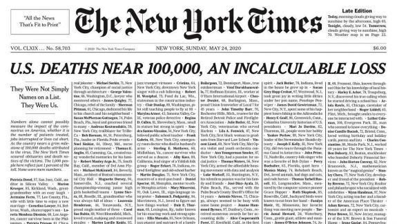New York Times a publicat pe prima pagină numele a circa 1.000 de oameni, decedați de COVID-19